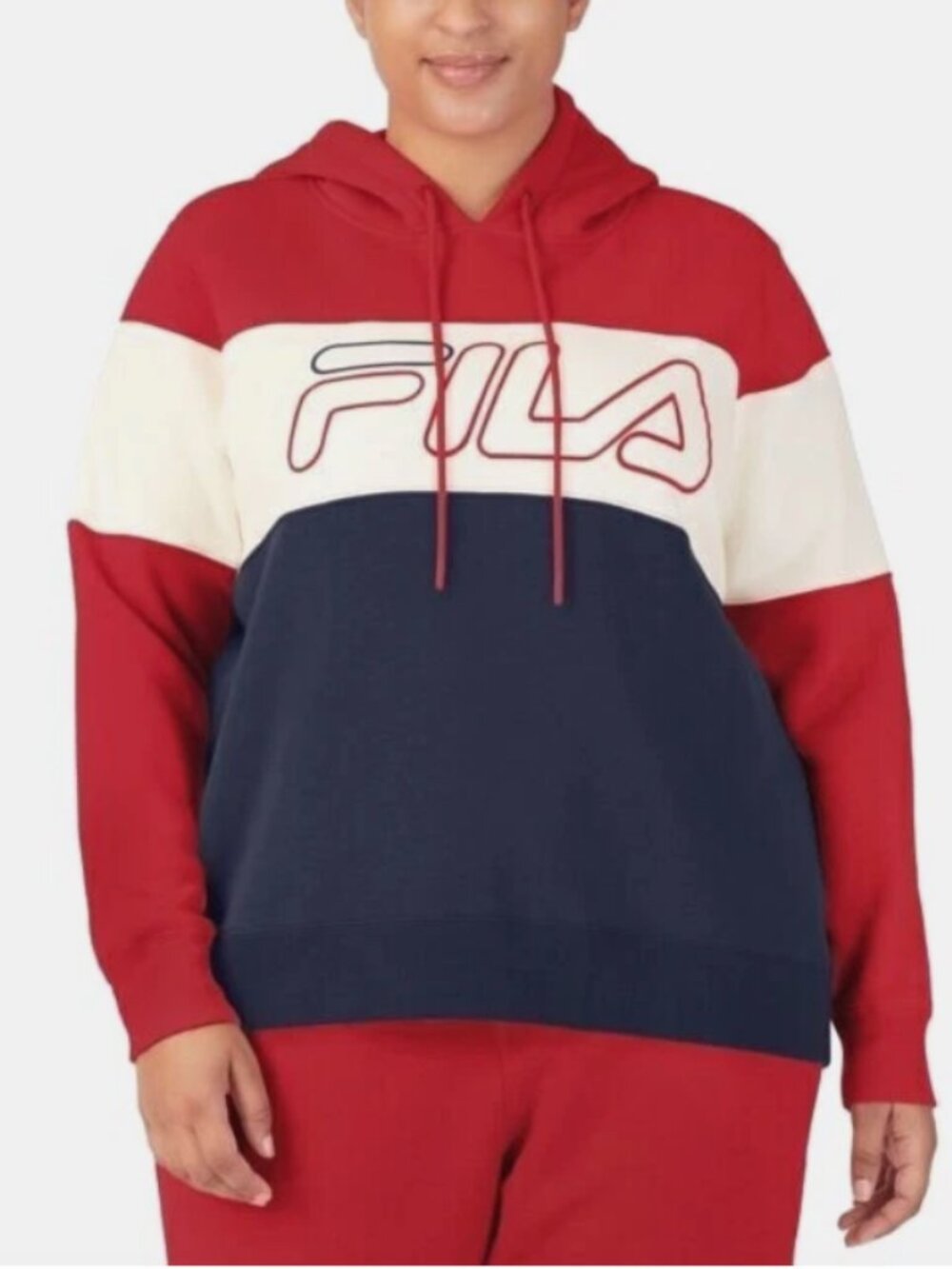 FILA Women's Hoodie Plus Size 1X Logo Red/White/Navy Blue Colorblock